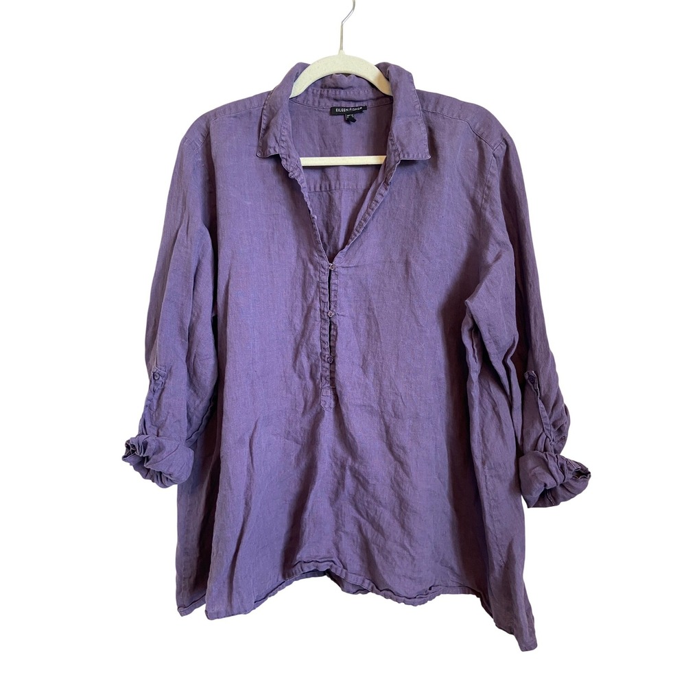 Eileen Fisher Purple Linen Roll Tab Sleeve Tunic Top Large Relaxed Henley